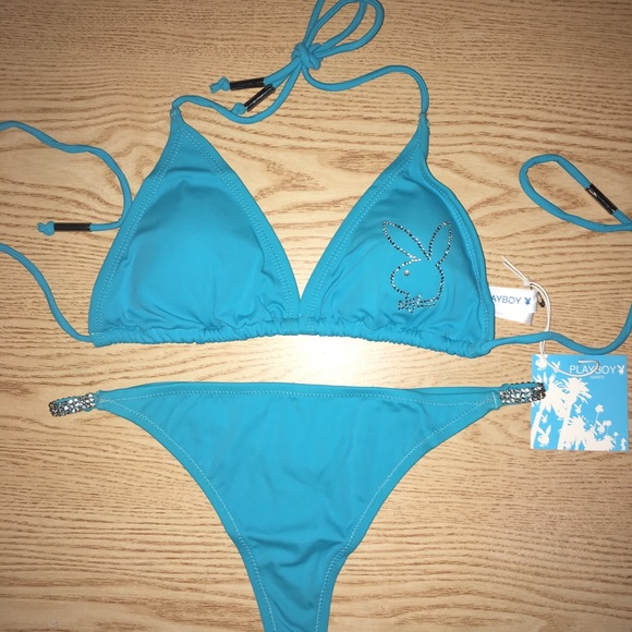 New 2pc Sexy Vintage Playboy Thong Bikini Swimsuit Diamonds Size Large & XL - Picture 3 of 13